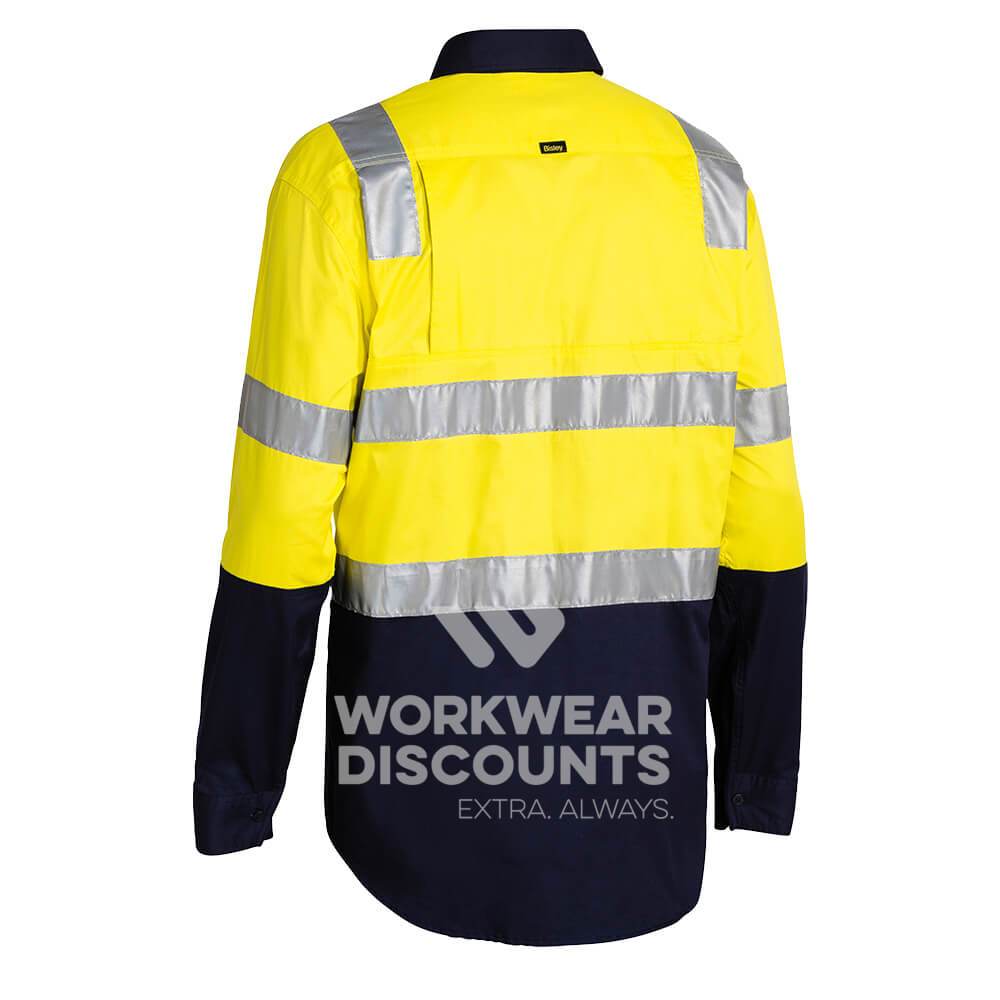 Bisley BS6432T Hi-Vis Taped Lightweight Vented Cotton Drill Shirt Long Sleeve Yellow Navy Back