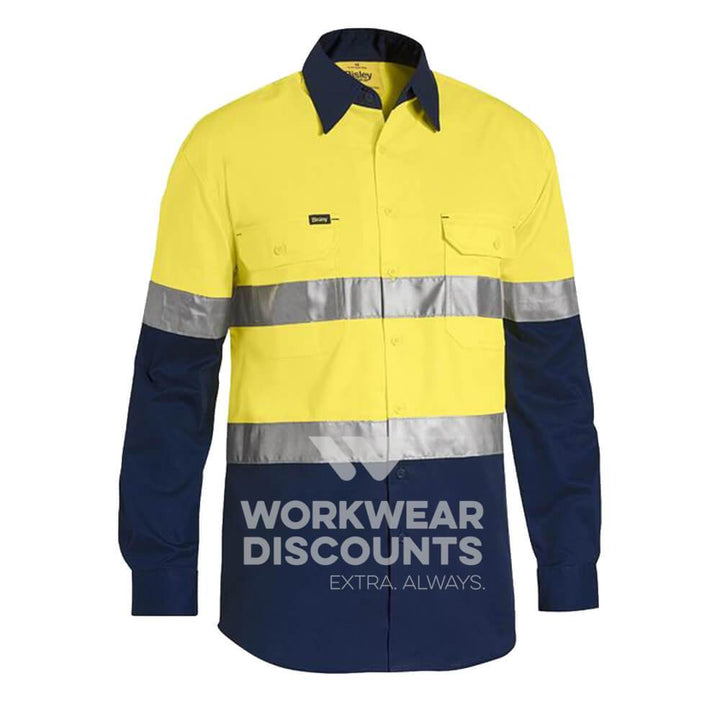 Bisley BS6696T Hi-Vis Taped Lightweight Cotton Drill Shirt Long Sleeve Yellow Navy Front