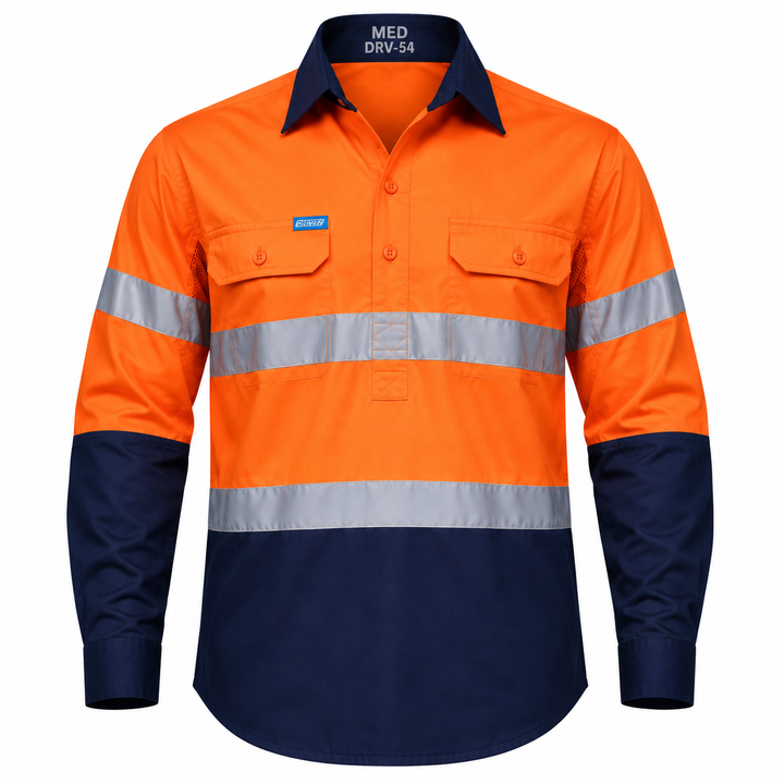 Driven DRV 54 Mens Hi Vis Long Sleeve Taped Safety Shirt Closed Front Orange/Navy