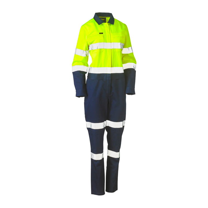 Bisley BCL6066T Womens Hi-Vis Taped Cotton Drill Coverall Yellow/Navy – View 01