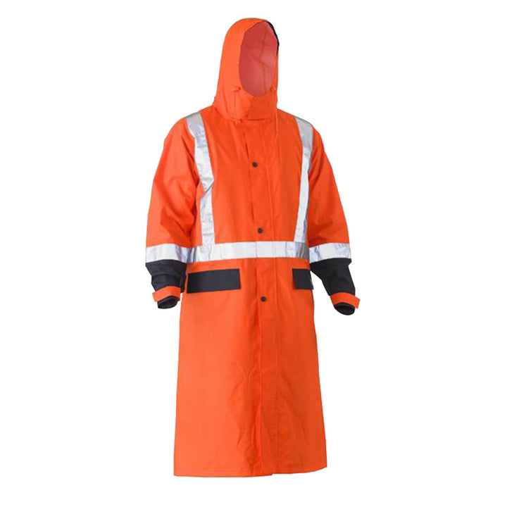 Bisley BJ6961T Hi-Vis Taped Long Rain Coat Orange/Navy Hood Up