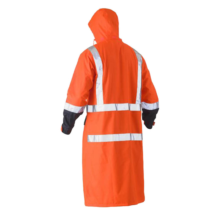 Bisley BJ6961T Hi-Vis Taped Long Rain Coat Orange/Navy Hood Up Back