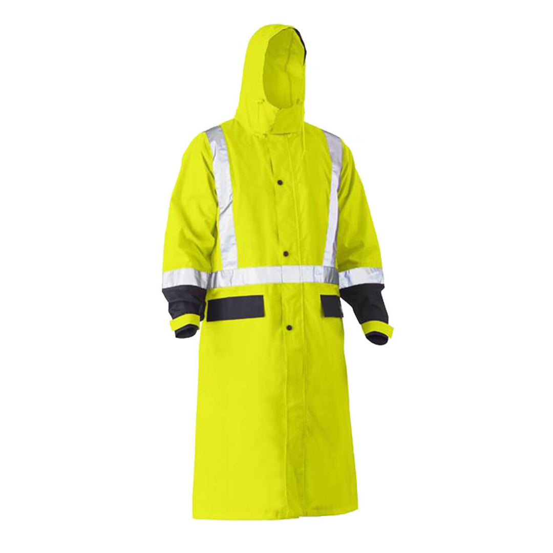 Bisley BJ6961T Hi-Vis Taped Long Rain Coat Yellow/Navy Hood Up