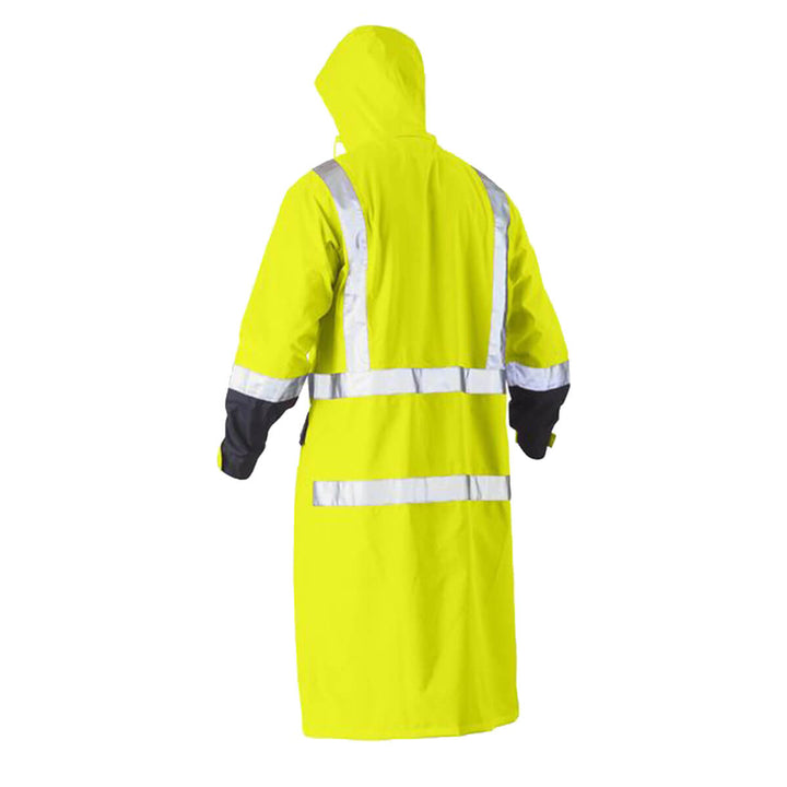 Bisley BJ6961T Hi-Vis Taped Long Rain Coat Yellow/Navy Back Hood Up