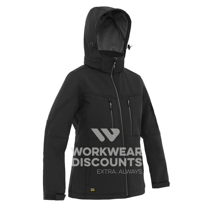 Bisley BJL6570 Womens Hooded Soft Shell Jacket Black Front Hood Up