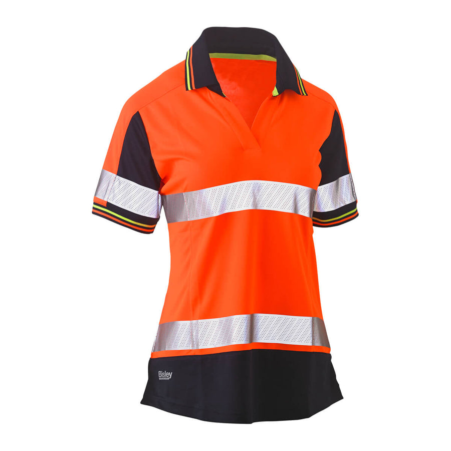 Bisley BKL1225T Ladies Hi-Vis Taped Polo Short Sleeve Pink Navy Front