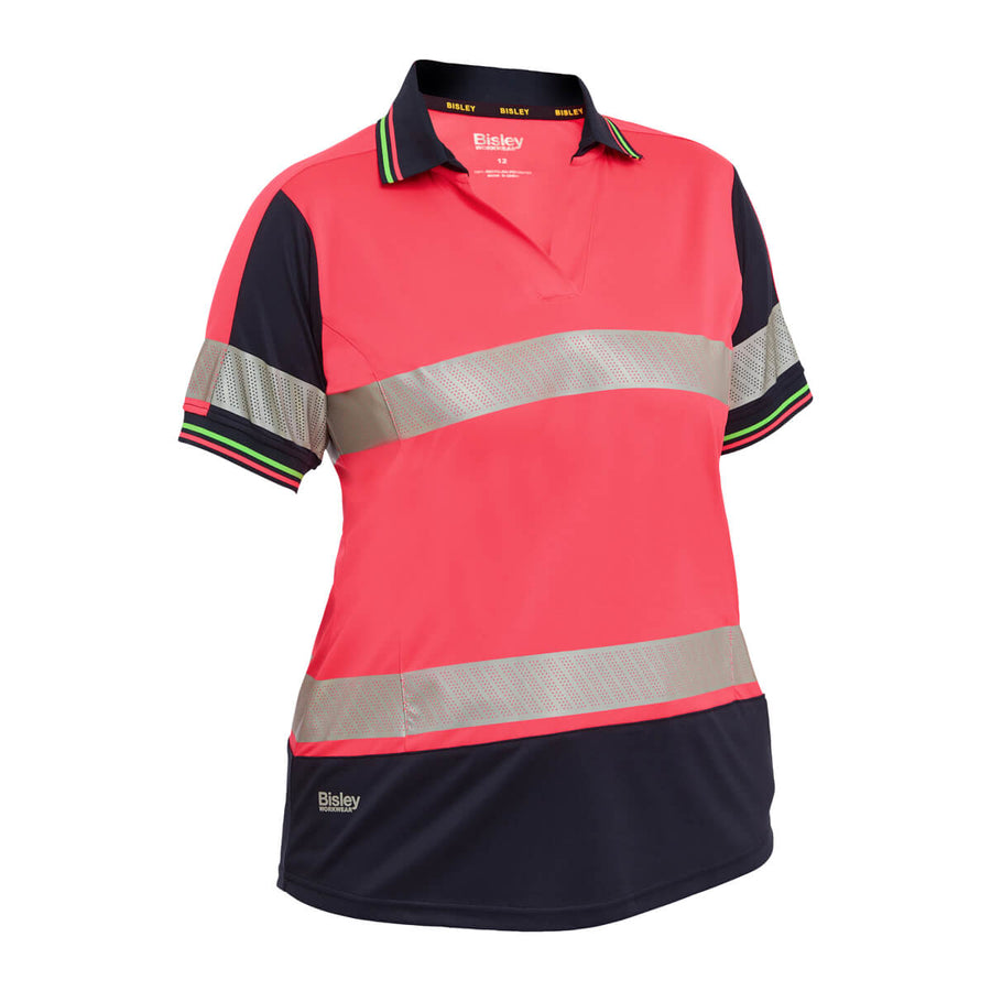 Bisley BKL1225T Ladies Hi-Vis Taped Polo Short Sleeve Pink Navy Front