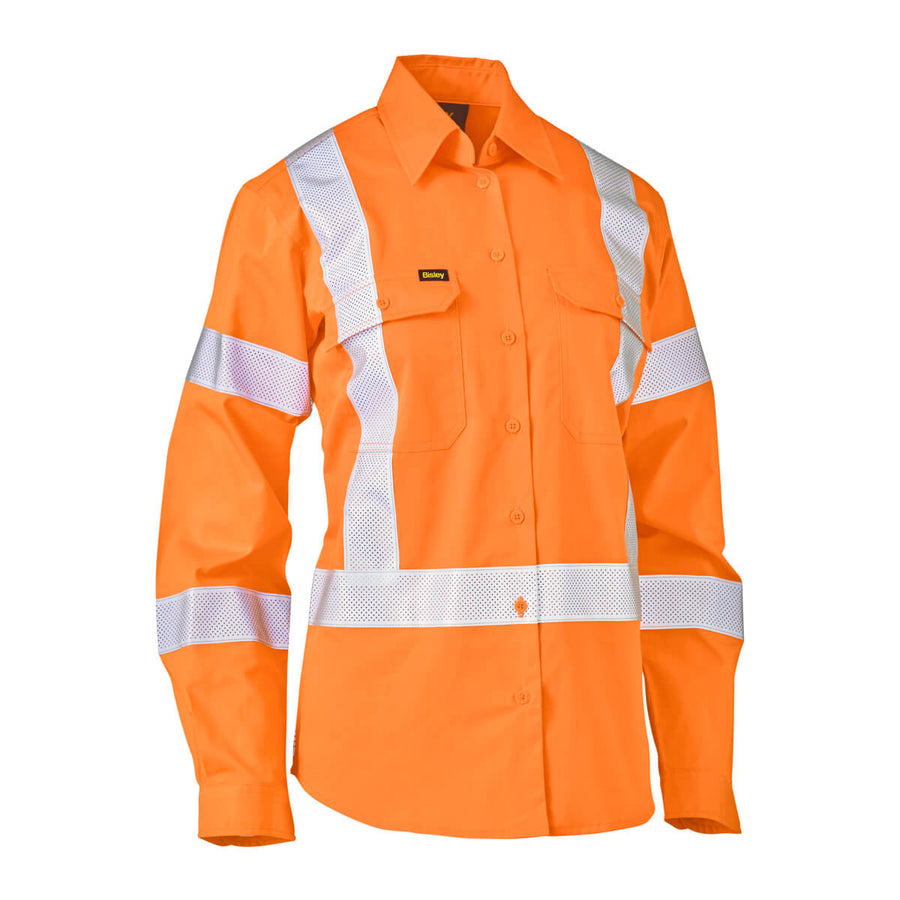 Bisley BL6166XT Womens Hi-Vis X Taped Lightweight Drill Shirt Orange Front