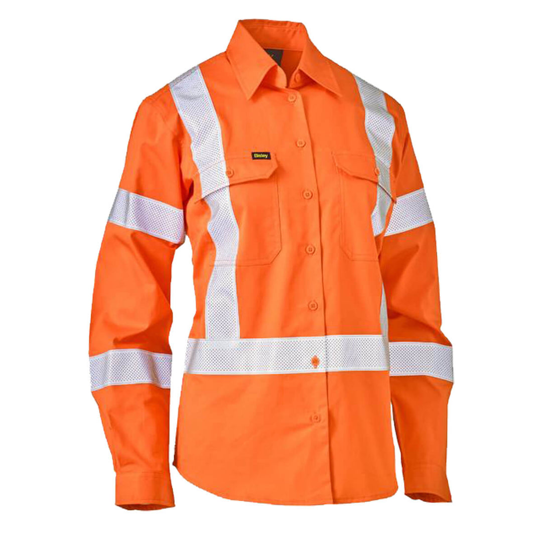 Bisley BL6166XT Ladies Hi-Vis X Taped Light Drill Shirt Orange Front