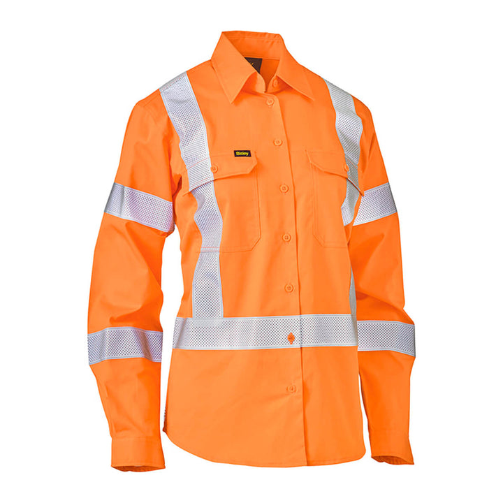 Bisley BL6166XT Womens Hi-Vis X Taped Lightweight Drill Shirt Orange Front