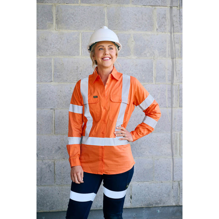 Bisley BL6166XT Womens Hi-Vis X Taped Lightweight Drill Shirt Orange Front