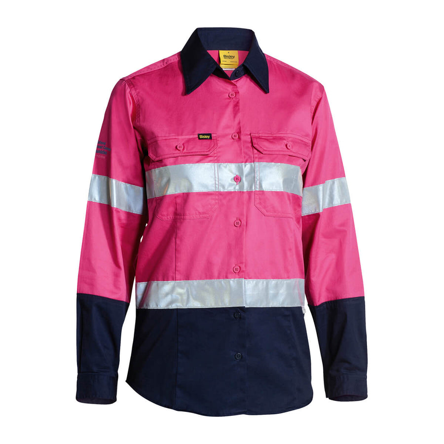 Bisley BL6896 Pink and navy work shirt with reflective stripes on a white background