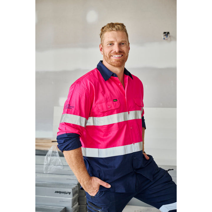 Bisley BS6896 NBCF Hi Vis Taped Lightweight Gusset Shirt Pink/Navy