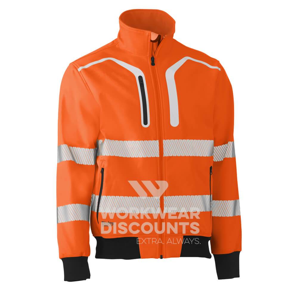 Bisley BJ6979T Hi-Vis Taped Soft Shell Bomber Jacket Orange Navy Front