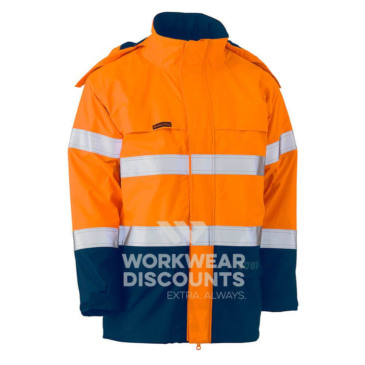 Bisley BJ8110T Taped Two Tone Hi-Vis FR Wet Weather Shell Jacket with Hood Orange Navy Front