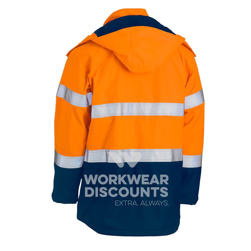 Bisley BJ8110T Taped Two Tone Hi-Vis FR Wet Weather Shell Jacket with Hood Orange Navy Back