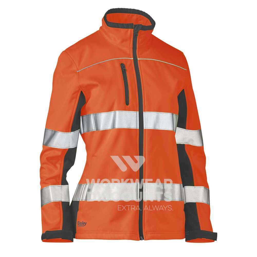 Bisley BJL6059T Womens Hi-Vis Taped Soft Shell Jacket Orange Navy Front