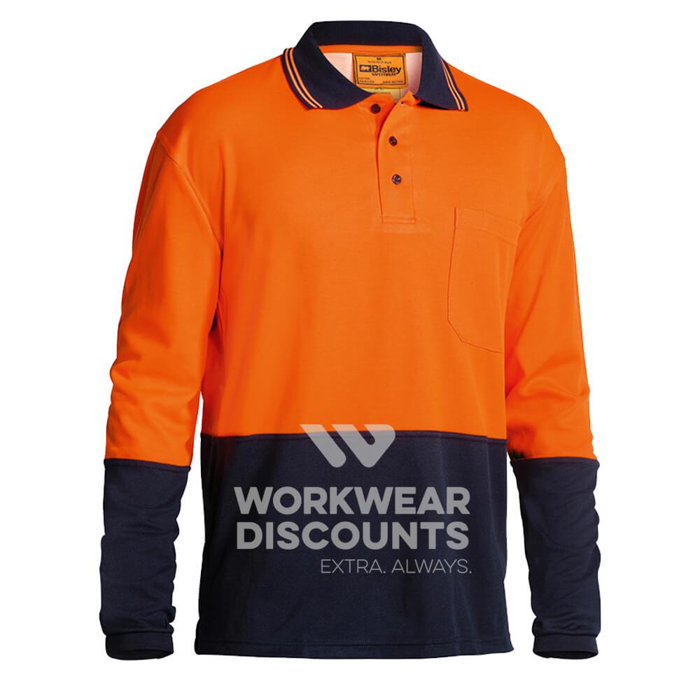 Bisley BK6234 Hi-Vis Cotton Backed Polo Long Sleeve Orange Navy