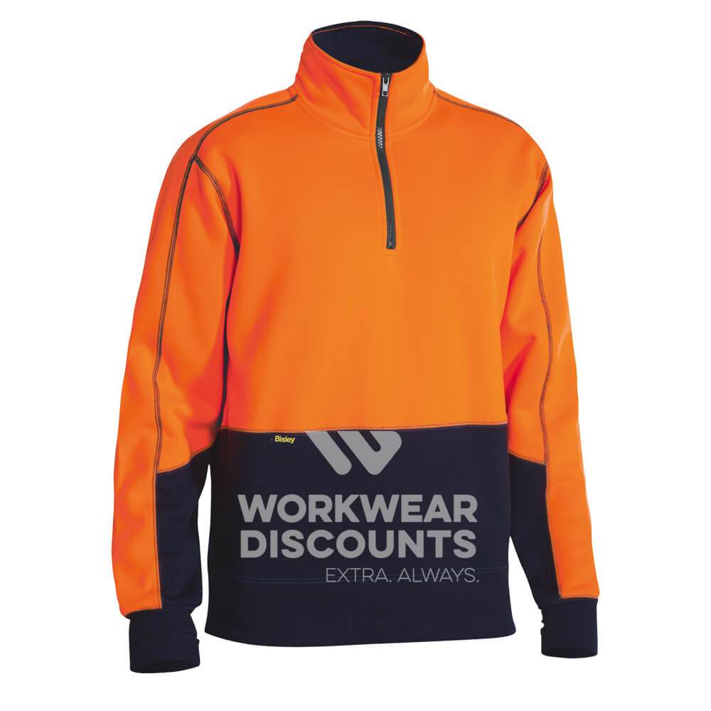 Bisley BK6989 Hi-Vis Quarter-Zip Polar Fleece Pullover Jumper Orange Navy Front