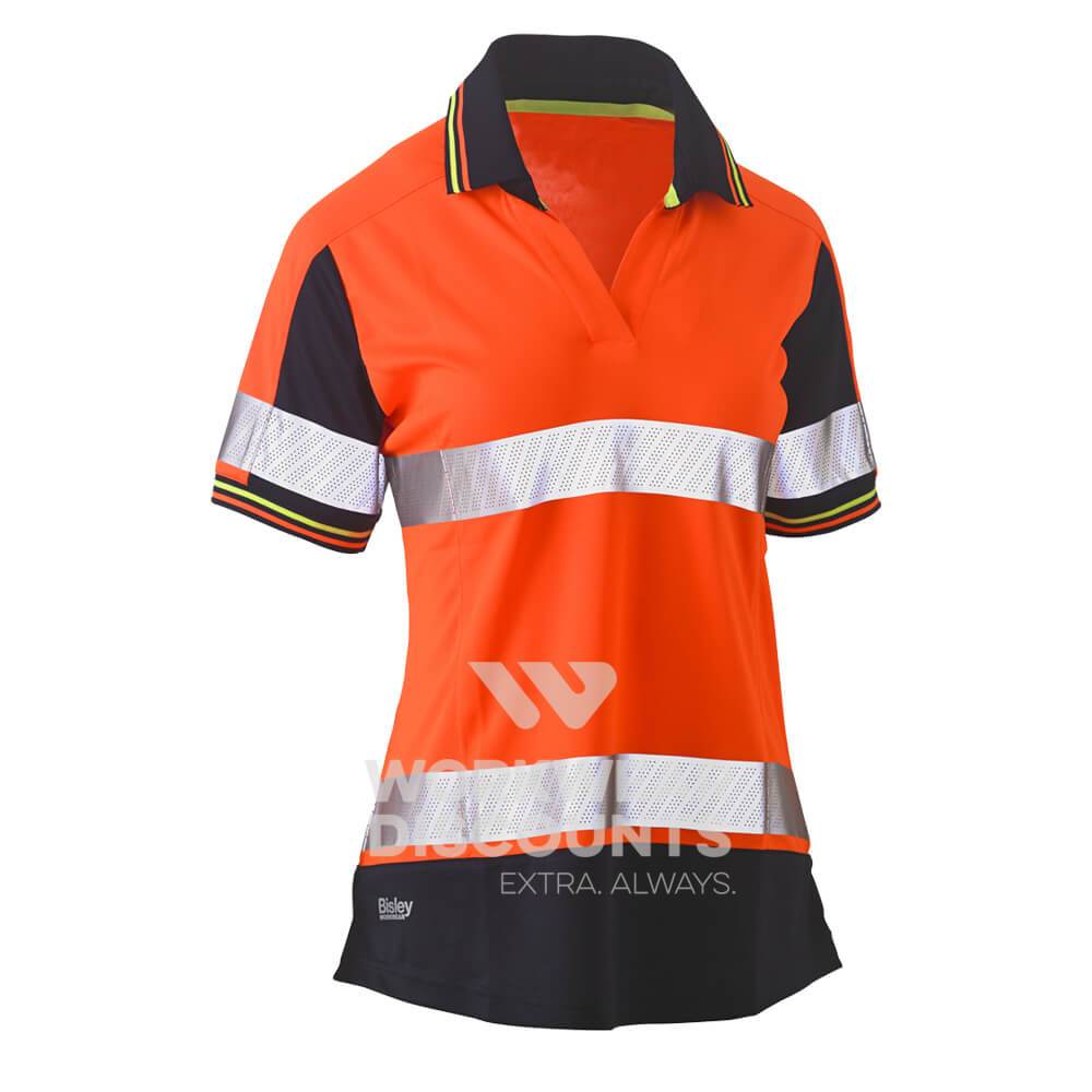 Bisley BKL1225T Womens Hi-Vis Taped V-Neck Polo Short Sleeve Orange Navy Front