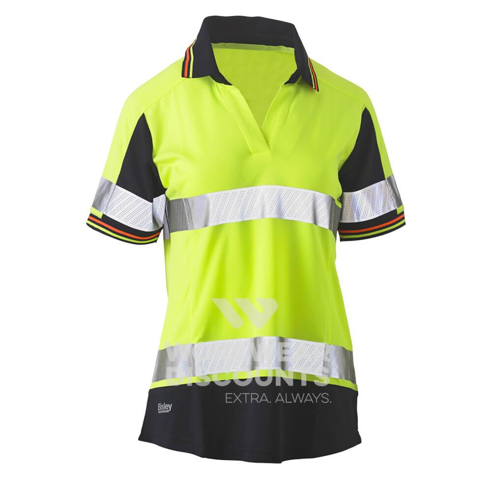 Bisley BKL1225T Womens Hi-Vis Taped V-Neck Polo Short Sleeve Yellow Navy Front