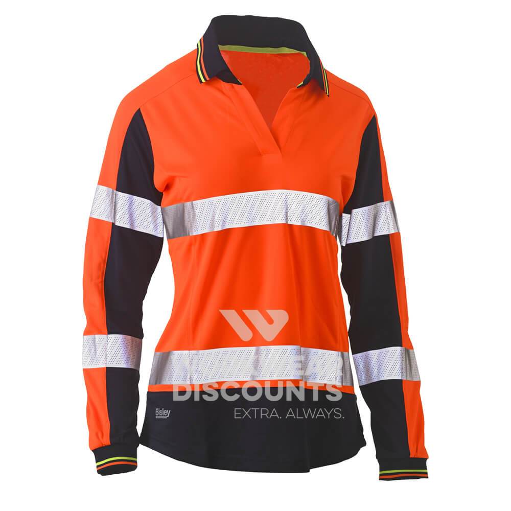 Bisley BKL6225T Womens Hi-Vis Taped V-Neck Polo Long Sleeve Orange Navy Front