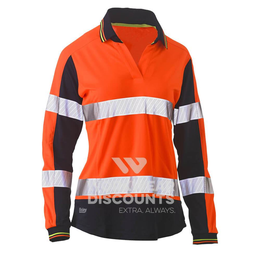 Bisley BKL6225T Womens Hi-Vis Taped V-Neck Polo Long Sleeve Orange Navy Front