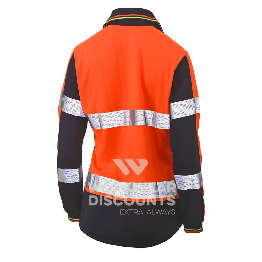 Bisley BKL6225T Womens Hi-Vis Taped V-Neck Polo Long Sleeve Orange Navy Back
