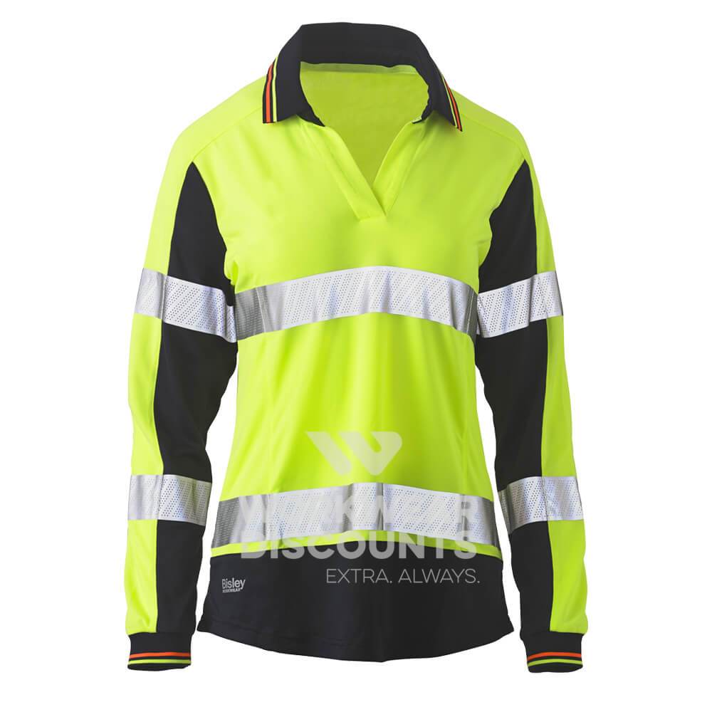 Bisley BKL6225T Womens Hi-Vis Taped V-Neck Polo Long Sleeve Yellow Navy Front
