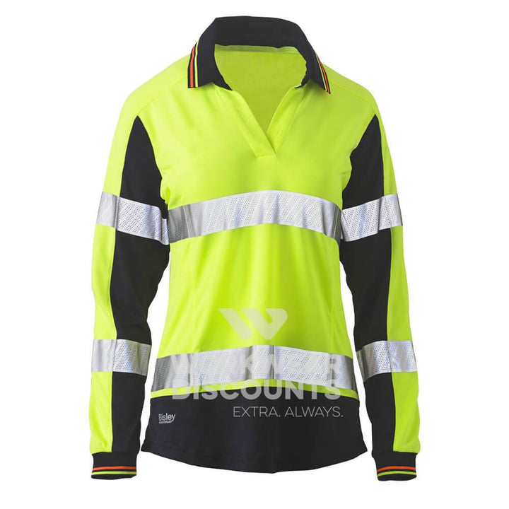 Bisley BKL6225T Womens Hi-Vis Taped V-Neck Polo Long Sleeve Yellow Navy Front