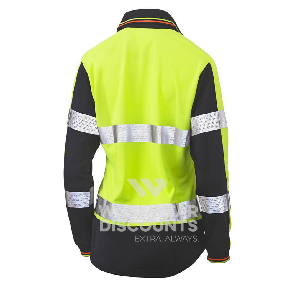 Bisley BKL6225T Womens Hi-Vis Taped V-Neck Polo Long Sleeve Yellow Navy Back
