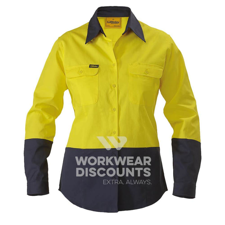 Bisley BL6267 Ladies Hi-Vis Cotton Drill Shirt Long Sleeve Yellow Navy Front