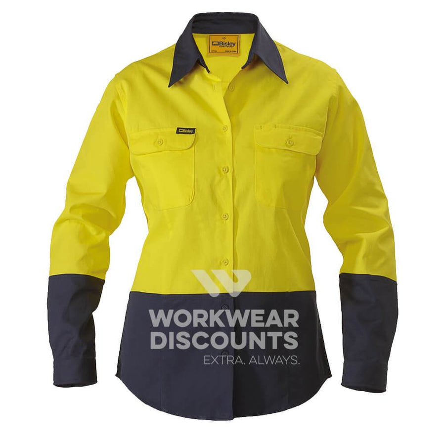 Bisley BL6267 Ladies Hi-Vis Cotton Drill Shirt Long Sleeve Yellow Navy Front
