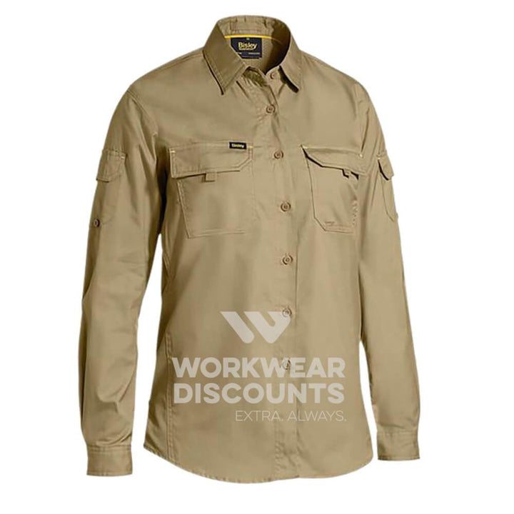 Bisley BL6414 Ladies Airflow Ripstop Vented Work Shirt Long Sleeve Khaki Front