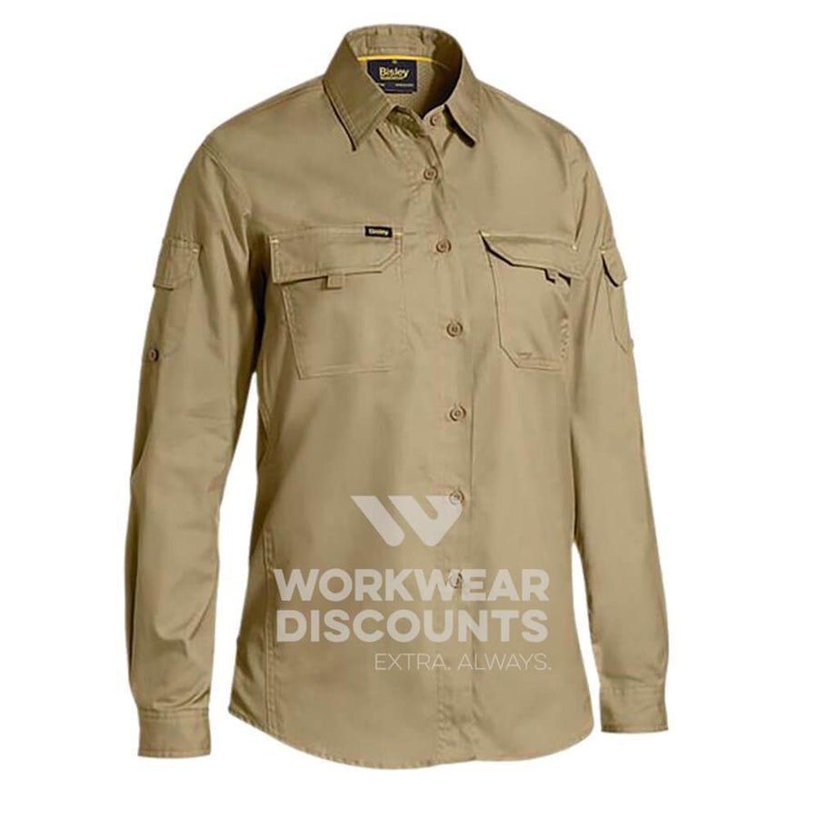 Bisley BL6414 Ladies Airflow Ripstop Vented Work Shirt Long Sleeve Khaki Front