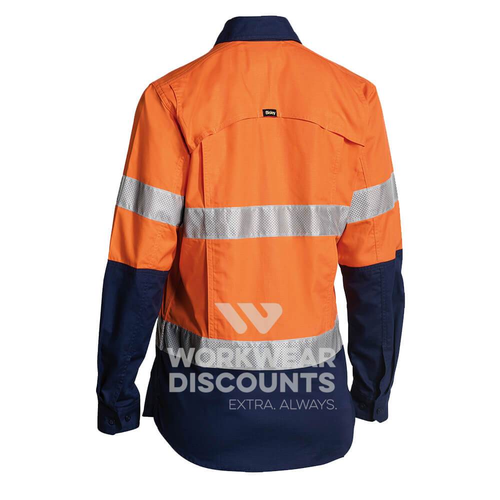 Bisley BL6415T Ladies Hi-Vis Taped Airflow Ripstop Vented Work Shirt Long Sleeve Orange Navy Back