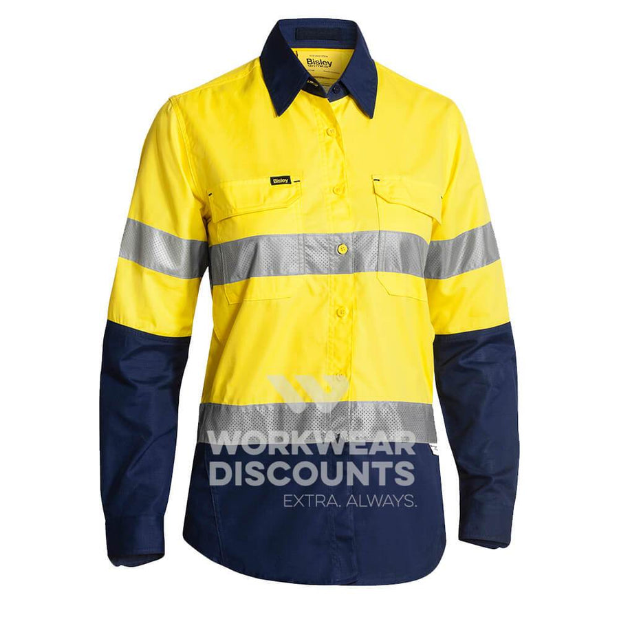 Bisley BL6415T Ladies Hi-Vis Taped Airflow Ripstop Vented Work Shirt Long Sleeve Yellow Navy Front