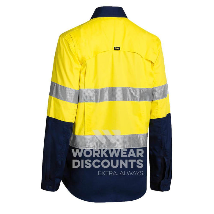 Bisley BL6415T Ladies Hi-Vis Taped Airflow Ripstop Vented Work Shirt Long Sleeve Yellow Navy Back