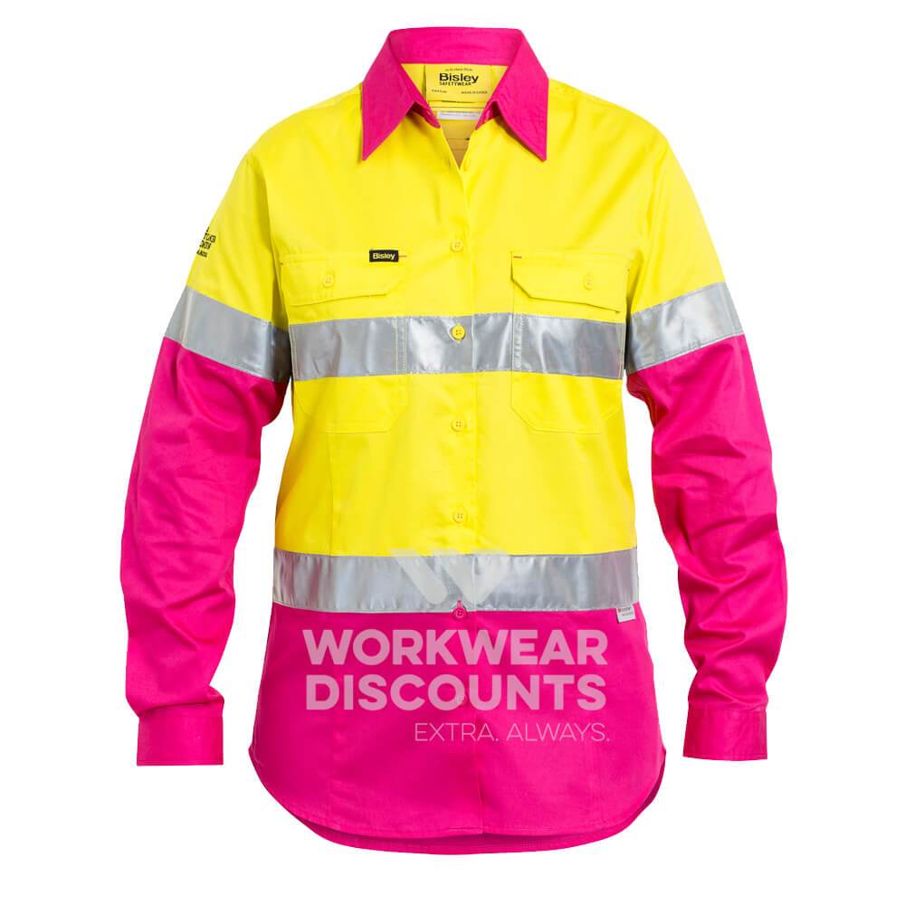 Bisley BL6696T NBCF Ladies Hi-Vis Taped Lightweight Cotton Drill Shirt Long Sleeve Yellow Pink Front