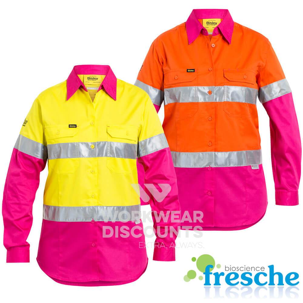 Bisley BL6696T NBCF Ladies Hi-Vis Taped Lightweight Cotton Drill Shirt Long Sleeve