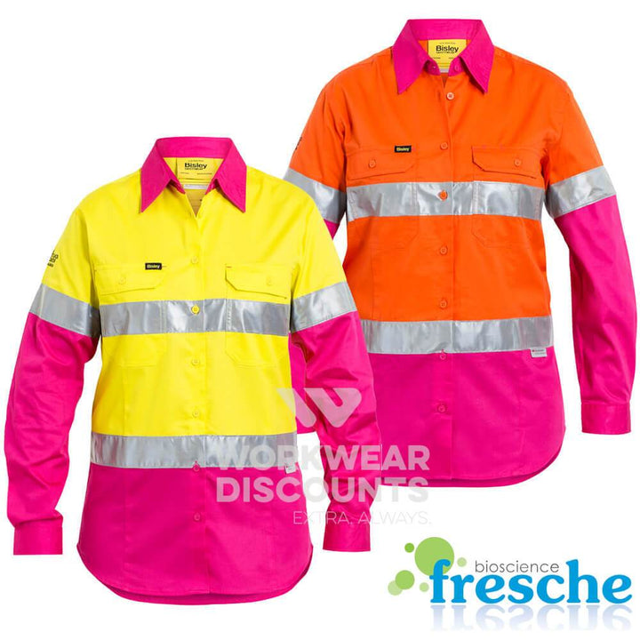 Bisley BL6696T NBCF Ladies Hi-Vis Taped Lightweight Cotton Drill Shirt Long Sleeve