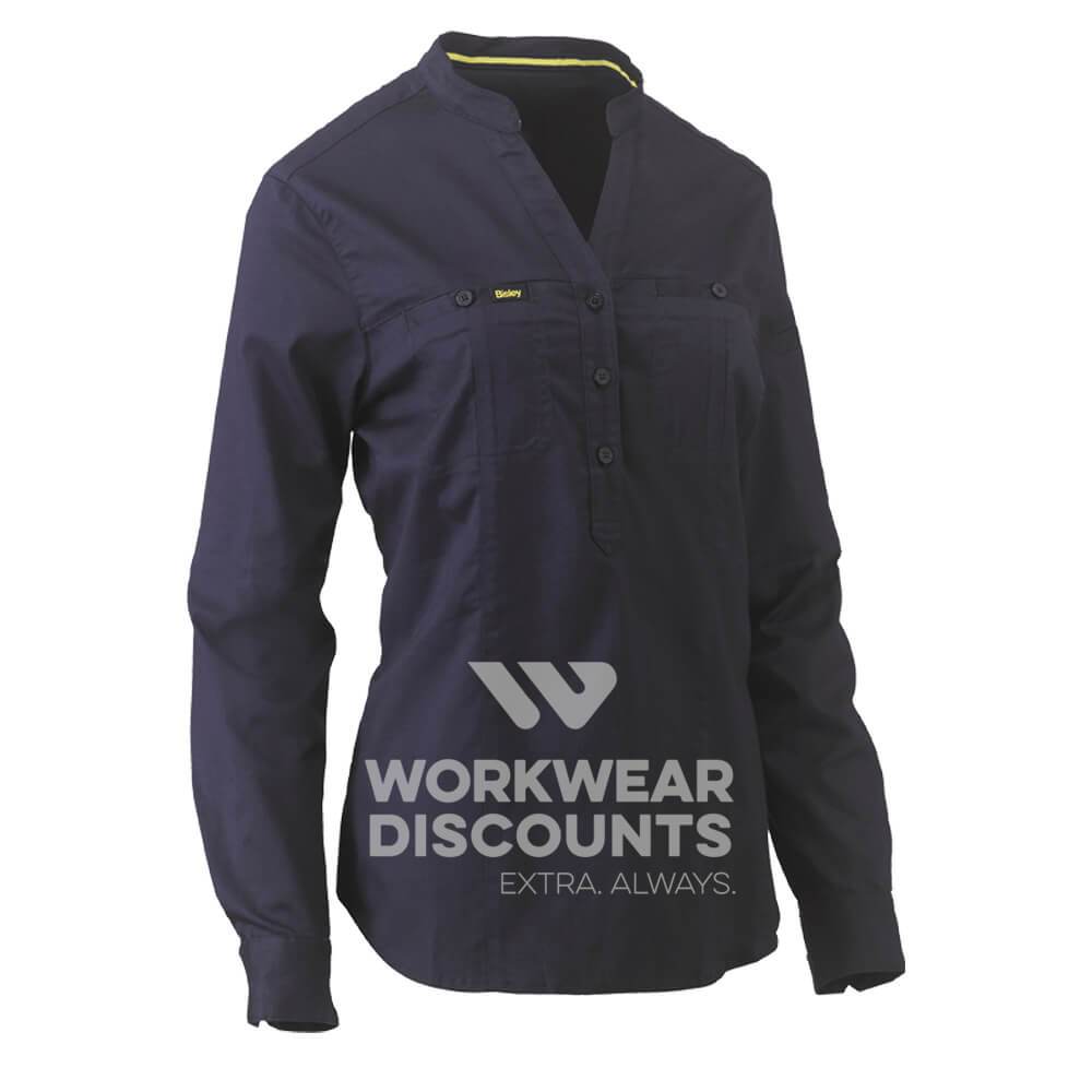 Bisley BLC6063 Womens Stretch V-Neck Closed Front Shirt Long Sleeve Navy Front
