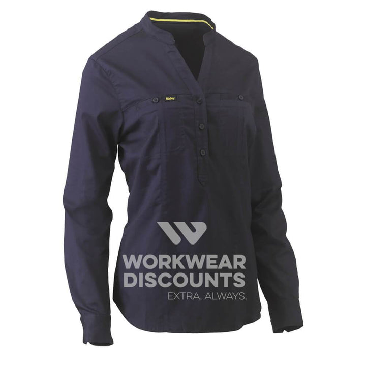 Bisley BLC6063 Womens Stretch V-Neck Closed Front Shirt Long Sleeve Navy Front