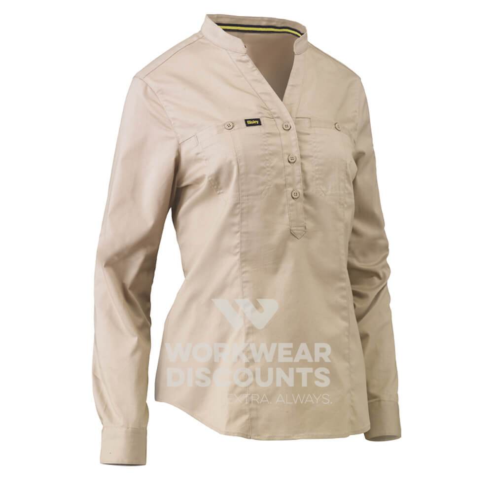 Bisley BLC6063 Womens Stretch V-Neck Closed Front Shirt Long Sleeve Stone Front
