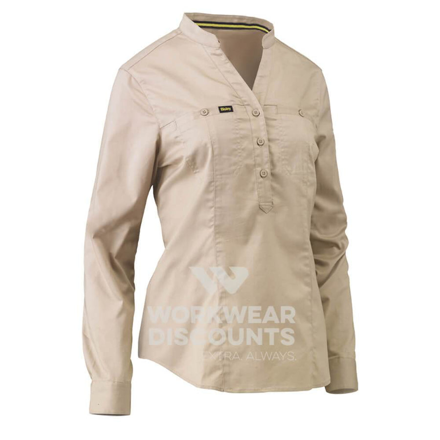 Bisley BLC6063 Womens Stretch V-Neck Closed Front Shirt Long Sleeve Stone Front