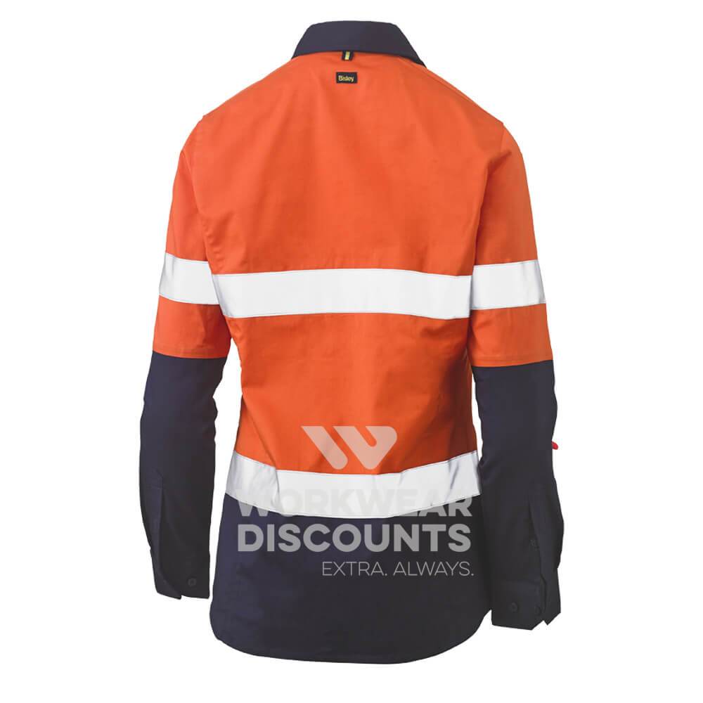 Bisley BLC6064T Womens Hi-Vis Taped Stretch Closed Front Shirt Long Sleeve Orange Navy Back