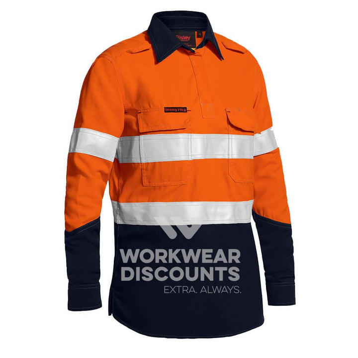 Bisley BLC8075T Ladies TenCate Tecasafe Plus Two Tone Hi-Vis Taped Closed Front Vented FR Shirt Orange Navy Front