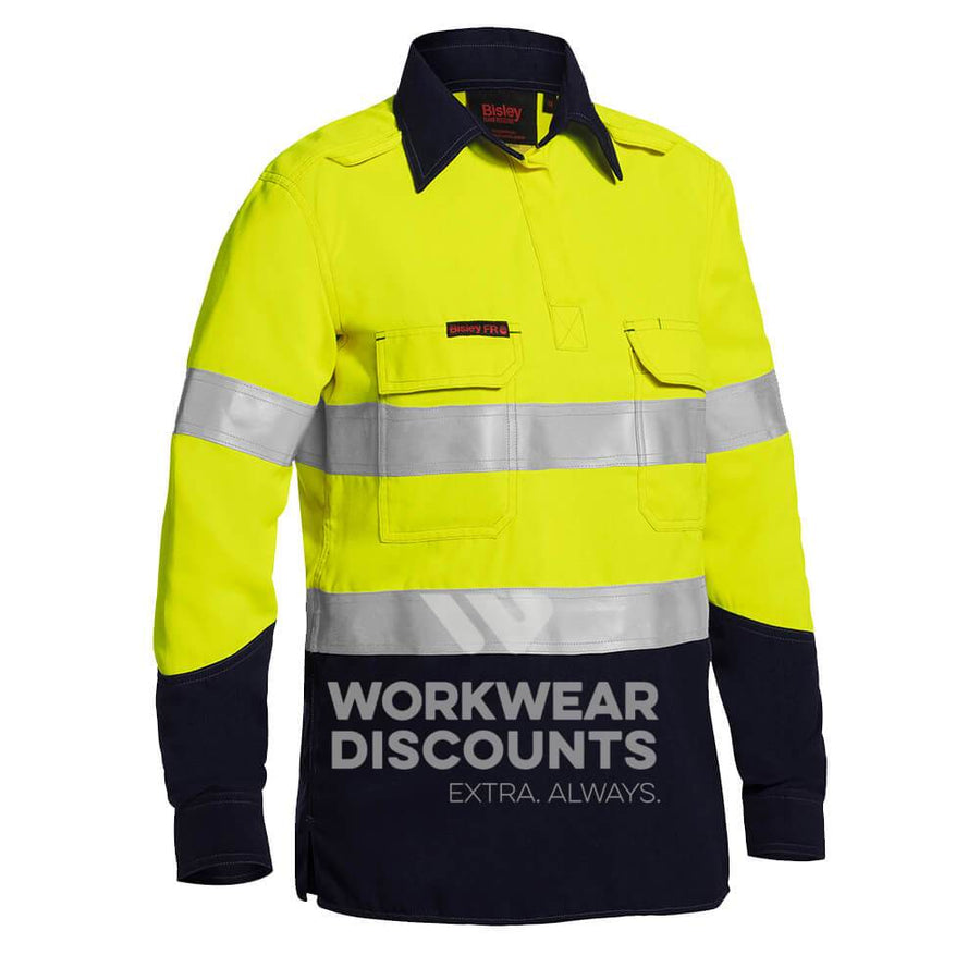 Bisley BLC8075T Ladies TenCate Tecasafe Plus Two Tone Hi-Vis Taped Closed Front Vented FR Shirt Yellow Navy Front