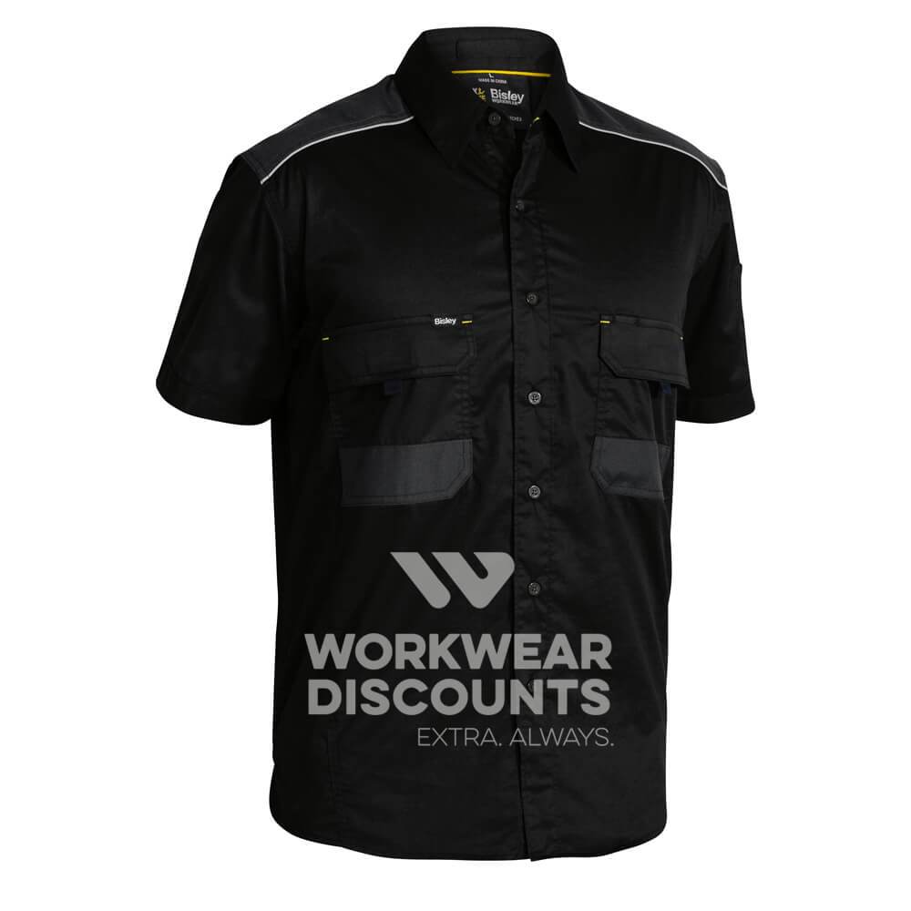 Bisley BS1133 Flex and Move Stretch Work Shirt Short Sleeve Black