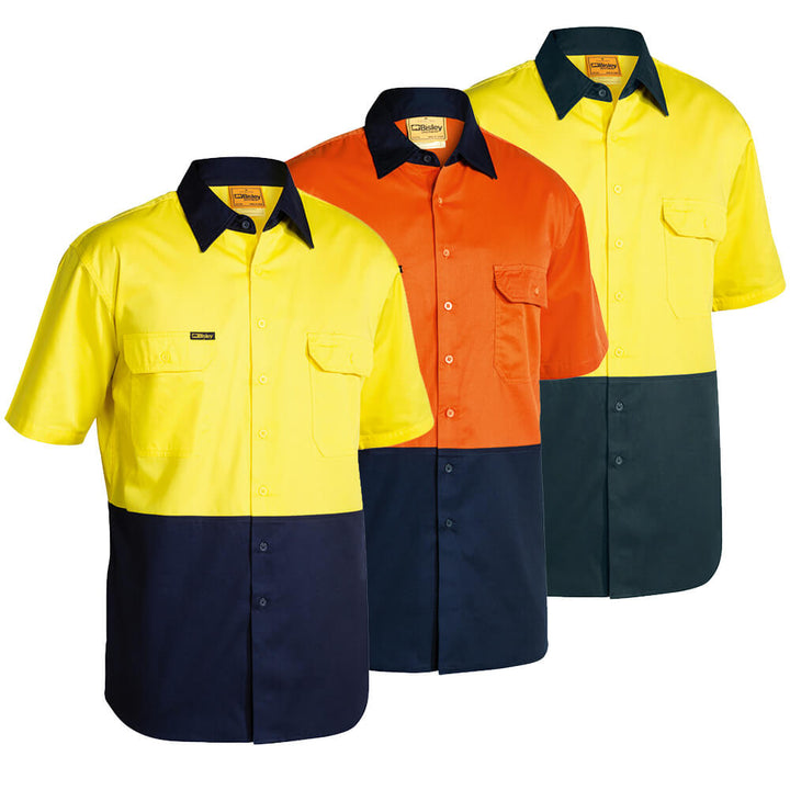 Bisley BS1895 Hi Vis Lightweight Cotton Drill Shirt Short Sleeve Yellow/Bottle
